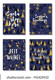 Christmas cards vector collection with lettering and modern background patterns graphic design. Colorful winter holidays greeting cards set, xmas banner templates, Christmas postcards collection.