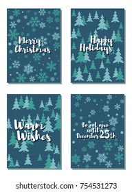 Christmas cards vector collection with lettering and modern background patterns graphic design. Colorful winter holidays greeting cards set, xmas banner templates, Christmas postcards collection.