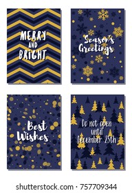 Christmas cards vector collection with lettering and modern background patterns graphic design. Colorful winter holidays greeting cards set, xmas banner templates, Christmas postcards collection.