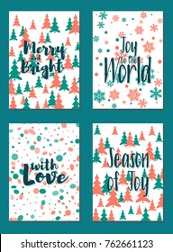Christmas cards vector collection with lettering and modern background patterns graphic design. Colorful winter holidays greeting cards set, xmas banner templates, Christmas postcards collection.