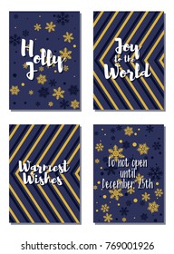 Christmas cards vector collection with lettering and modern background patterns graphic design. Colorful winter holidays greeting cards set, xmas banner templates, Christmas postcards collection.
