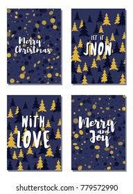 Christmas cards vector collection with lettering and modern background patterns graphic design. Colorful winter holidays greeting cards set, xmas banner templates, Christmas postcards collection.