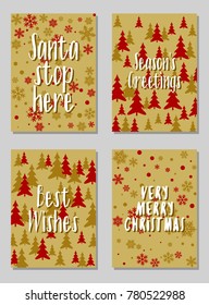 Christmas cards vector collection with lettering and modern background patterns graphic design. Colorful winter holidays greeting cards set, xmas banner templates, Christmas postcards collection.