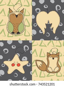 Christmas cards vector hand drawn set with cute cartoon xmas toys, owl, angel wings, fox, star