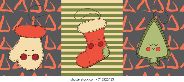 Christmas cards vector hand drawn set with cute cartoon xmas toys, glove, tree, christmas stocking 