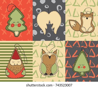 Christmas cards vector hand drawn set with cute cartoon xmas toys, tree, angel wings, fox, santa claus 