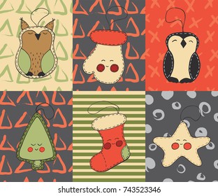 Christmas cards vector hand drawn set with cute cartoon xmas toys, owl, tree, christmas stocking, penguin, glove, star