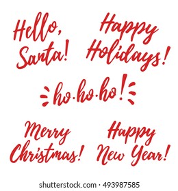 Christmas cards vector lettering set. Hand drawn New Year typography cards. Hello Santa, Happy Holidays, Ho-Ho-Ho, Merry Christmas, Happy New Year. Red on white background isolated.
