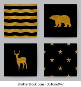Christmas cards. Vector templates with black background for invitation card or holiday decor. Golden fill.