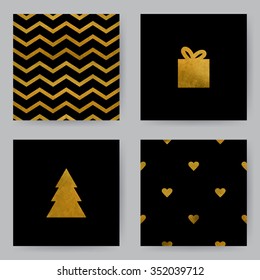 Christmas cards. Vector templates with black background for invitation card or holiday decor. Golden fill.