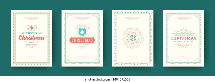 Christmas cards vintage typographic design, ornate decorations symbols with winter holidays wishes, floral ornaments and flourish frames. Vector illustration.