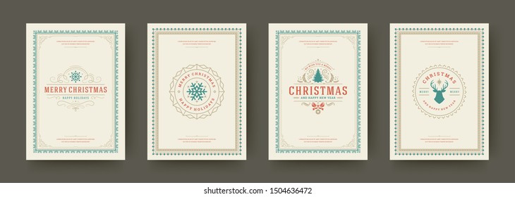 Christmas cards vintage typographic design, ornate decorations symbols with winter holidays wishes, floral ornaments and flourish frames. Vector illustration.