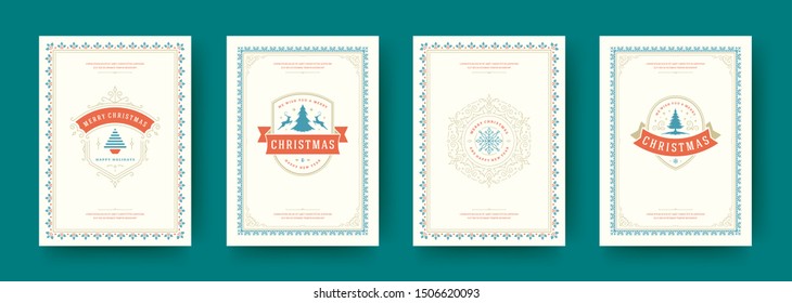 Christmas cards vintage typographic design, ornate decorations symbols with winter holidays wishes, floral ornaments and flourish frames. Vector illustration.