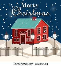 Christmas Cards, Winter house collection. Vector brick christmas houses covered with snow. Winter background cartoon houses. Winter time. Winter house christmas landscape cold season holiday building.
