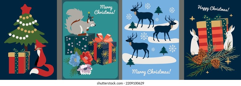 Christmas cards with woodland animals, gifts and spruce branches. Vector design for paper, fabric and other surface