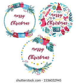 Christmas cards with a wreath with flowers and branches and the inscription Merry Christmas