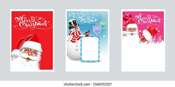 Christmas cards for your design. Three images with Santa Claus and snowman for Christmas and New year decoration. Vector graphic.