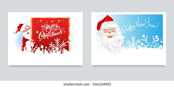 Christmas cards for your design. Two cute images with happy Santa Claus on a blue and red background. Caption: Merry Christmas and Happy New Year. Template for design: greeting cards, banners, posters