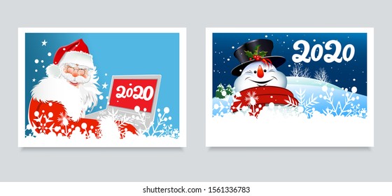 Christmas cards for your design. Two cute images with happy Santa Claus and a merry snowman on blue. Santa with a laptop. Snowman on a background of a winter forest. Template for: greeting card