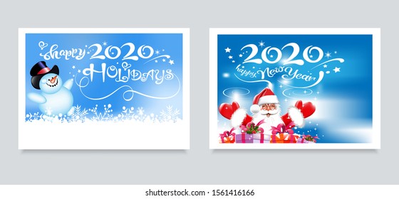 Christmas cards for your design. Two cute images with happy Santa Claus and a merry snowman on blue. Caption: Happy Holidays and 2020 Happy New Year. Template for: greeting cards, banners, posters