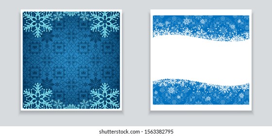 Christmas cards for your design. Two images for holiday and New Year decoration. Colors on image: blue, white. Vector graphics.
