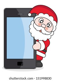 Christmas card.Santa Claus with mobile phone