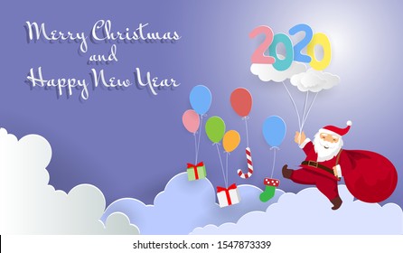 Christmas card.Santa Claus uses clouds to fly in the sky with presents for distributing to children in Christmas and Happy New Year day. Paper cut design.