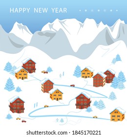 Christmas card.Snow-covered mountain settlement, ski resort. Bright houses, red and yellow Between them a winding road with cars. Christmas tree. High mountains in the background. Square banner.