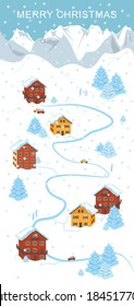 Christmas card.Snow-covered mountain settlement, ski resort. Bright houses, red and yellow Between them a winding road with cars. Christmas tree. High mountains in the background. Snowfall. Vertical.