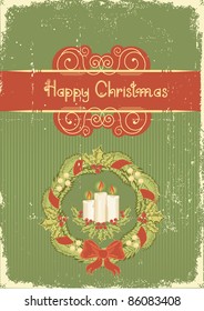 Christmas card.Vintage red green background for text. Winter holiday postcard