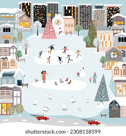 Christmas Card,Winter landscape with snow falling Christmas Eve in City,Vector cute Winter Wonderland in the town with Happy people,Polar bear celebration in the park,Merry Christmas,New year 2024 