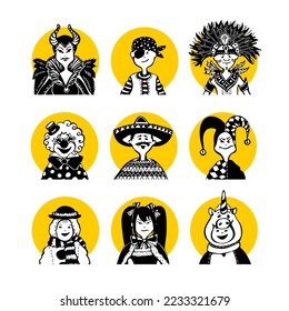 Christmas carnival costumes 8 comic doodle people faces characters avatar in yellow circle. New Year, witch, pirate, Indian, clown, Mexican, Arlequin, snowman, anime, unicorn, cosplay, outfits