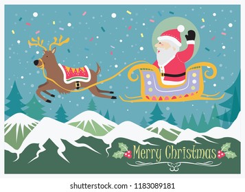 The Christmas carnival design featuring deer with Santa Claus is on the sledge and the characters in the snowy atmosphere.