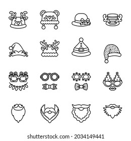 Christmas carnivals caps icon set 2. Santa Claus hat set isolated. Line Style stroke vector.