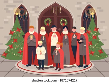 Christmas carol choir flat color vector illustration. Religious christian holiday celebration. Singers concerts. Winter performance. Carollers 2D cartoon characters with church on background