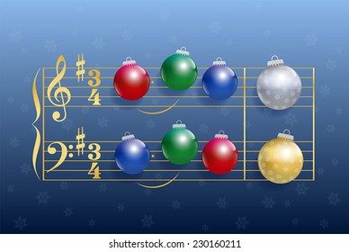 Christmas carol composed of colorful shiny christmas tree balls instead of notes. Isolated vector illustration on blue gradient snowfall background.