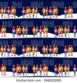 Christmas carol group. Group of people singing. Christmas tradition. Seamless background pattern. Vector illustration