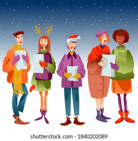 Christmas carol group. Group of people singing. Christmas tradition. Vector illustration