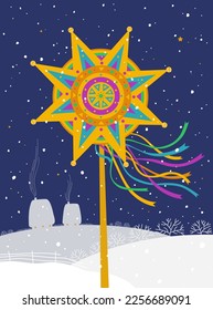 Christmas carol. Illustration of the decorative Christmas star of Bethlehem on the winter rural landscape background