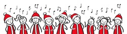 Christmas Carol Singers, Choir, Funny Men And Women Singing, Stick Figures In Santa Costumes Sing A Song, Banner, Isolated On White Background