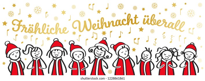 Christmas Carol singers, choir, funny men and women singing German Christmas song, stick figures in santa costumes, banner, isolated on white background