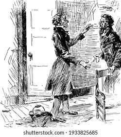 Christmas Carol, this scene shows two men walking towards each other, basket on ground and chair near man, vintage line drawing or engraving illustration