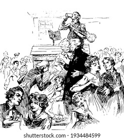 Christmas Carol, this scene shows group of people talking, one man holding guitar and drinking, book in front of him, vintage line drawing or engraving illustration