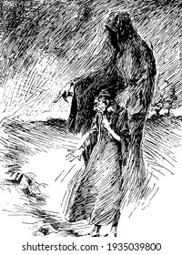 Christmas Carol, this scene shows ghost behind old man and ghost pointing towards ground, vintage line drawing or engraving illustration