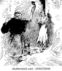 Christmas Carol, this scene shows a man with fire torch and another man standing in front of him, vintage line drawing or engraving illustration