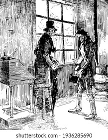 Christmas Carol, this scene shows two men talking to each other standing near window, one man holding hat in hand, vintage line drawing or engraving illustration