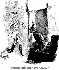 Christmas Carol, this scene shows an old man sitting on chair and other man pointing towards him and standing in front of him, vintage line drawing or engraving illustration