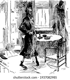 Christmas Carol, this scene shows two men standing near table and chair, vintage line drawing or engraving illustration