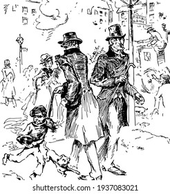 Christmas Carol, this scene shows people walking on road, and child with dog, vintage line drawing or engraving illustration