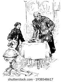 Christmas Carol, this scene shows a man making drink and another man standing near table with little girl, two glasses kept on table, and man holding bottle in hand, vintage line drawing or engraving